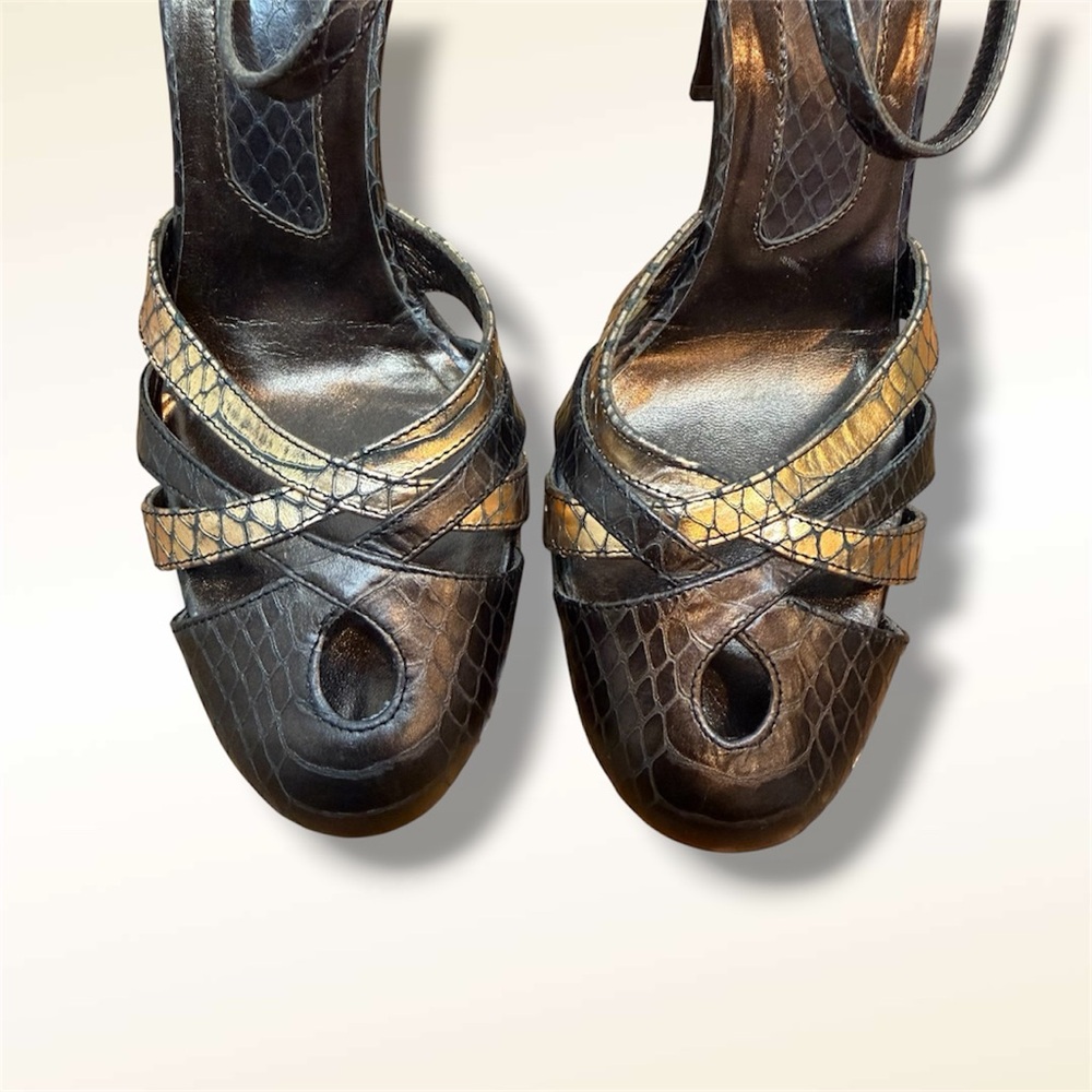 Calvin Klein Brown Textured Leather High Heel Mary Jane with Gold Accent - Picture 2 of 6